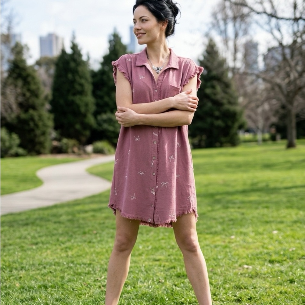Dusty Rose Ribbon Embroidered Button-Front Mini Dress- Umgee